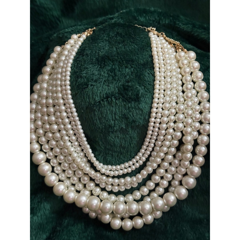 Multi-Strand Faux Pearl Bib Statement Necklace Cream White Gold Tone Clasp